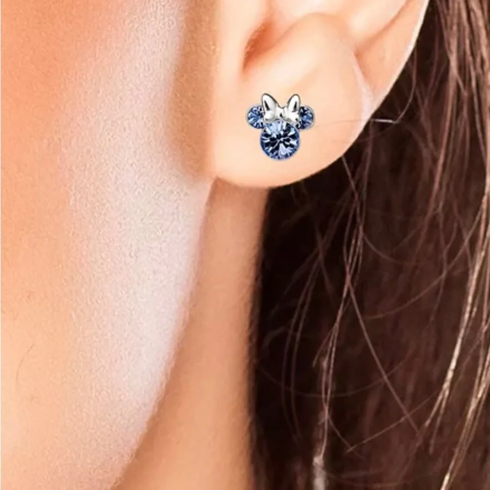 ❤️Minnie Mouse Blue Crystal Stud Earrings in Sterling Silver & Trinket Dish